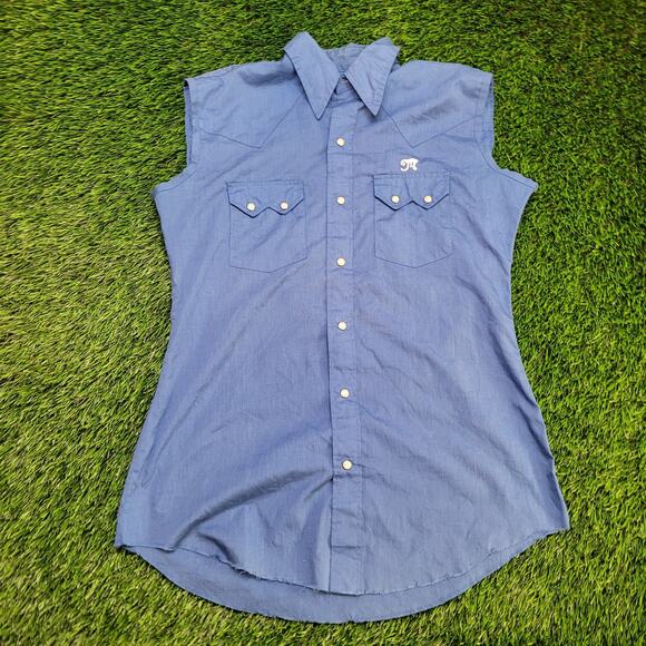 Vintage 70s Dee Cee Pearl Snap Western Shirt Vest Cut Off Sleeves Mens Medium - Picture 1 of 6